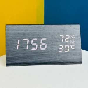Wooden digital electronic alarm clock triangle wooden clock creative voice control LED can display temperature and humidity (BLACK)