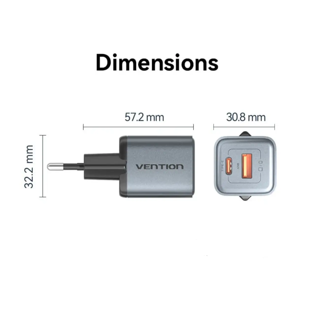 Vention 2-Port GaN Charger 30W USB-C + 18W USB-A, EU Plug - Image 2