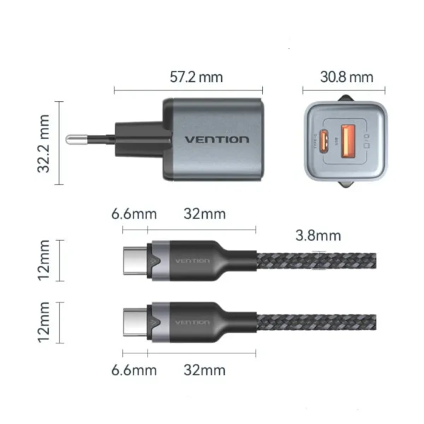 Vention 2-Port GaN Charger 30W USB-C + 18W USB-A, EU Plug with 1M USB-C Cable - Image 2