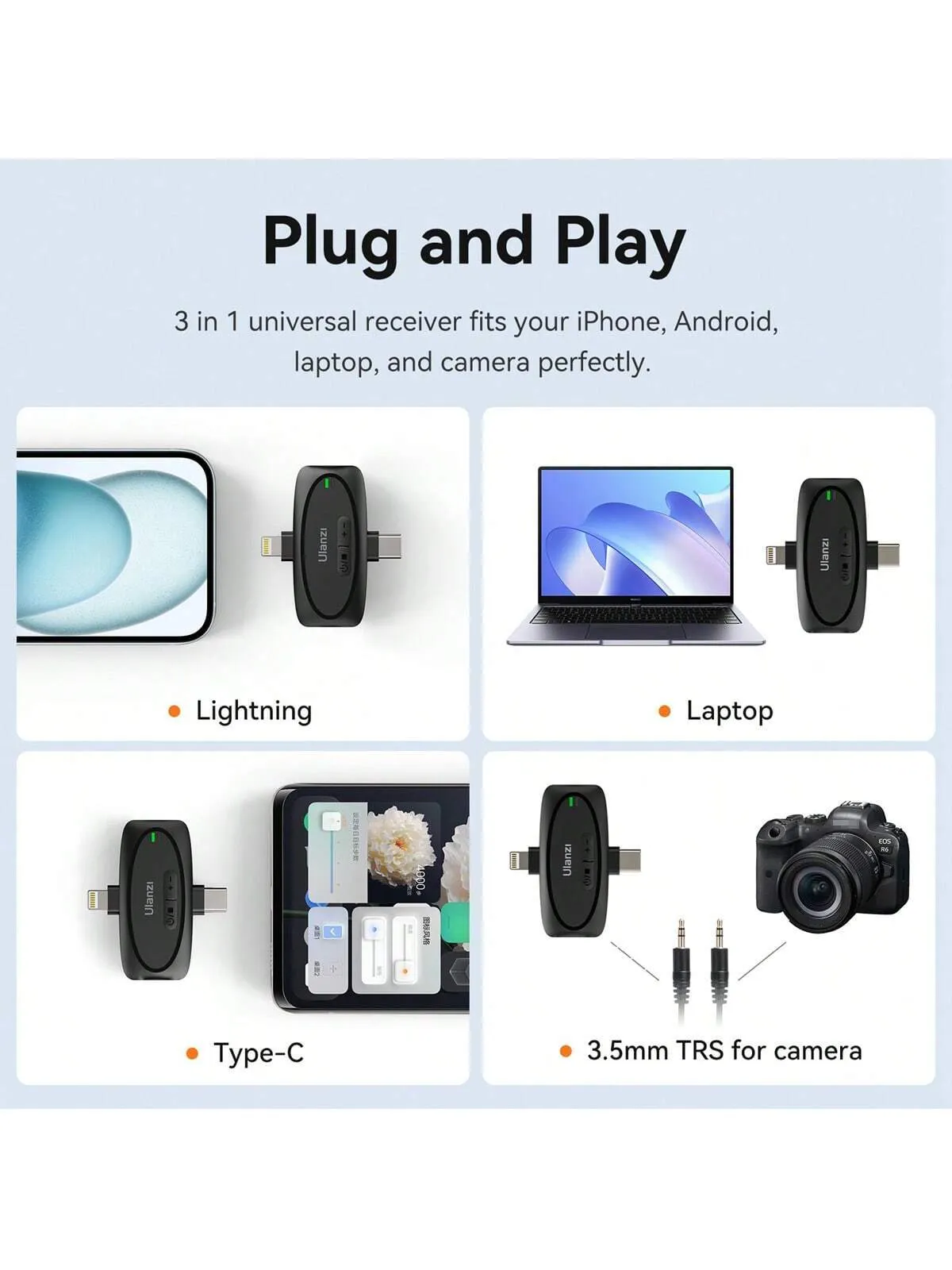 Ulanzi V6 3-in-1 Wireless Lavalier Microphone for iPhone, Android, Tablet & Camera - Image 3