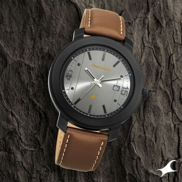 Fastrack NS3246NL01 Bare Basics Quartz Analog with Date Grey Dial Leather Strap Watch