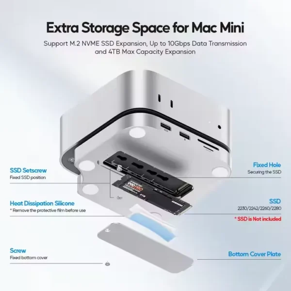 PULWTOP Mac mini M4/M4 Pro Hub Stand Dock with External Storage Upgrade M.2 SSD Enclosure(SSD NOT Included) - Image 2