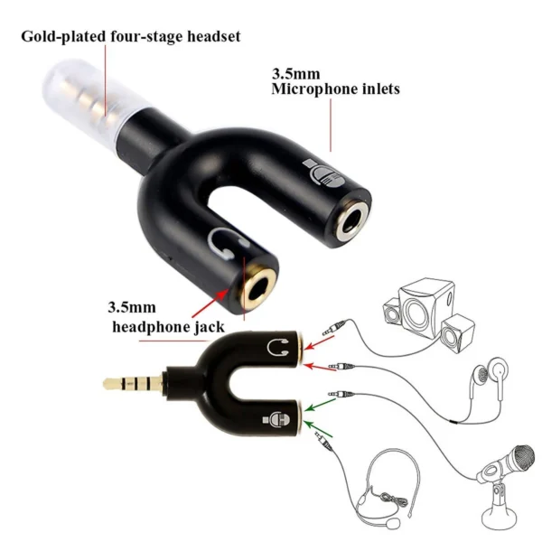 U-Shape Converter- 3.5mm Audio Splitter For Headphone and Microphone- Black - Image 2