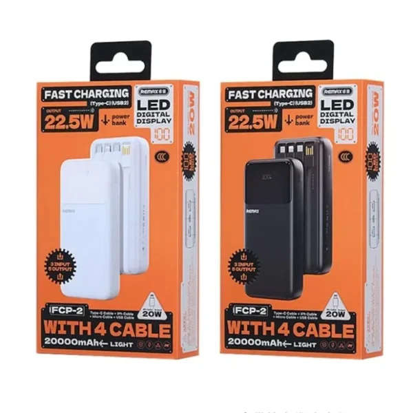 REMAX FCP-2 20000mAh Power Bank with 4 Built-in Cables – Black - Image 2